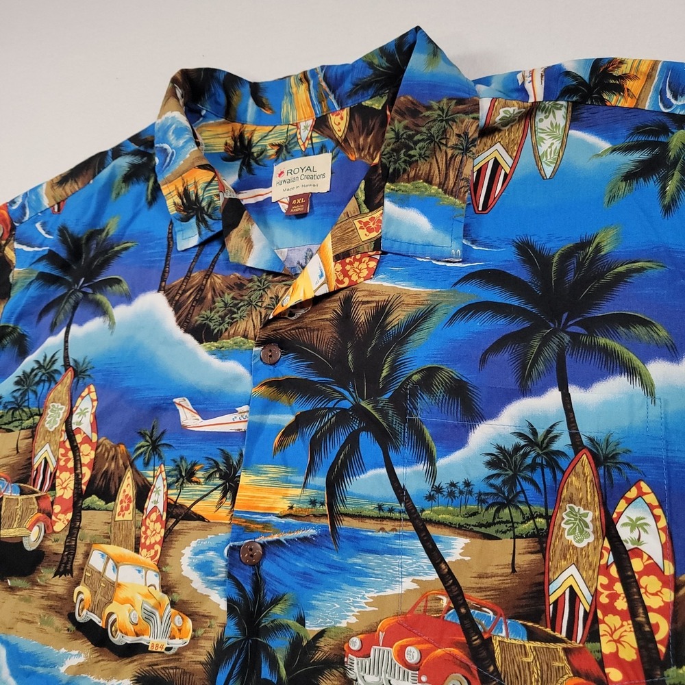 Royal Hawaiian Creations‎ Men Hawaiian Shirt 4XL Blue Surf Car Made In Hawaii